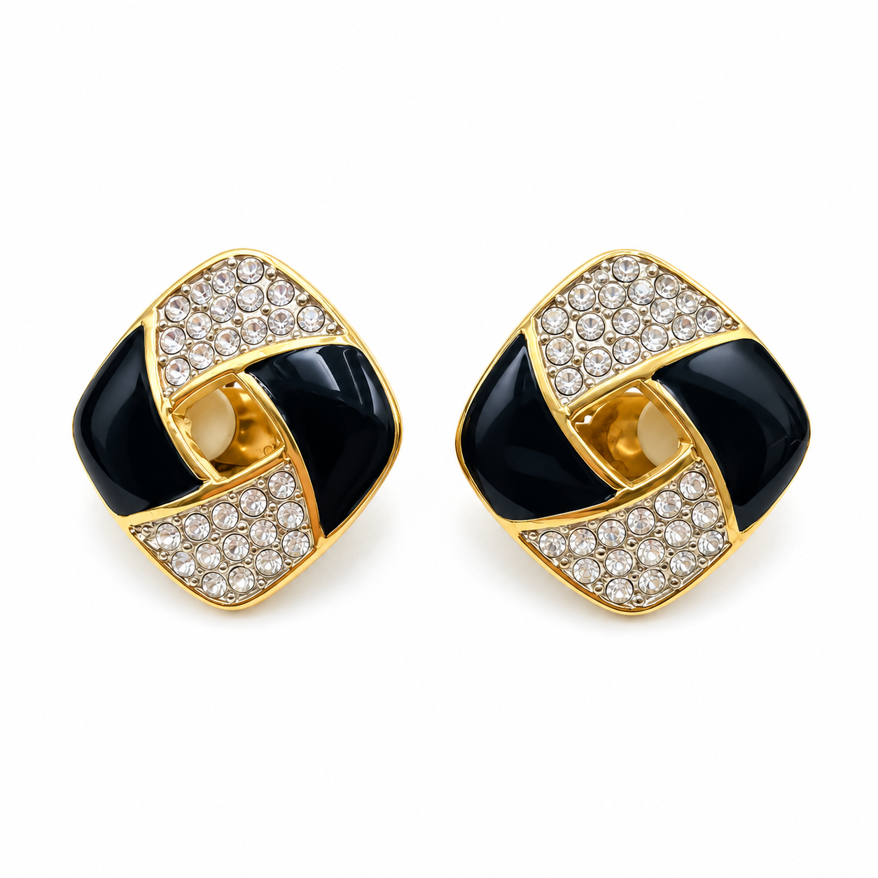 Vintage Butler Black Enamel & Crystal Gold-Tone Clip-On Earrings
