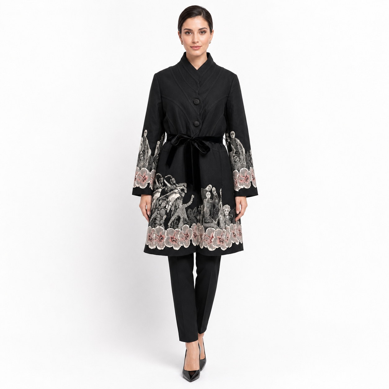 Desigual Black Floral & Skeleton Embroided Belted Coat Size 46 US XXL