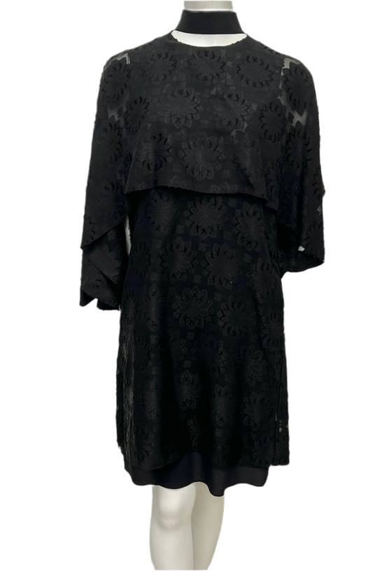 FENDI FD9559 Black Lace Bow Tie Floral Long Cape Accent Sleeve Short Dress 42 US 6