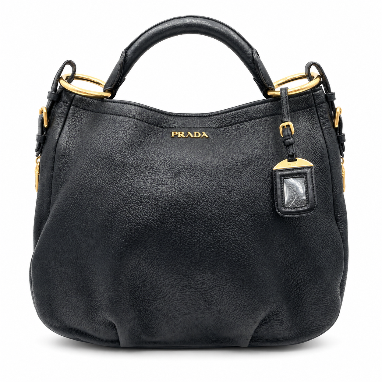 Prada Black Leather Vitello Daino Zip Hobo Bag
