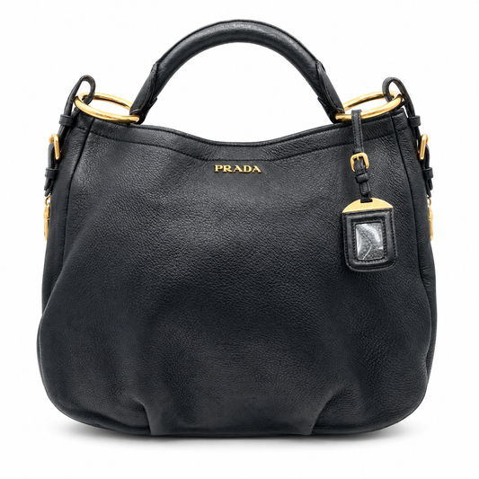 Prada Black Leather Vitello Daino Zip Hobo Bag