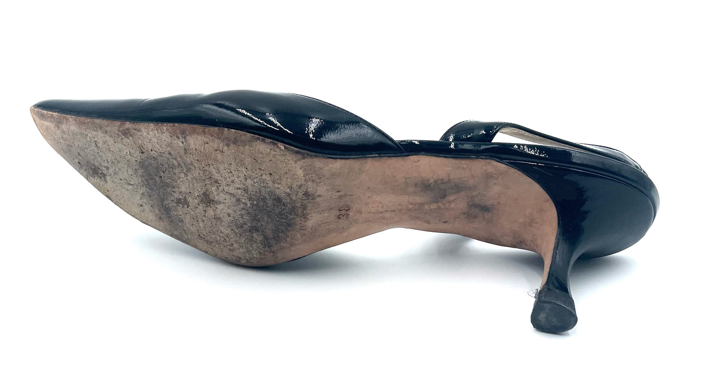 Manolo Blahnik Carolyn Black Patent Slingback Heels Size 38