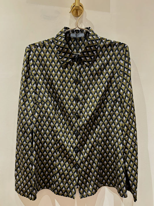 Prada Green Geometric Print Silk Blouse Size 44
