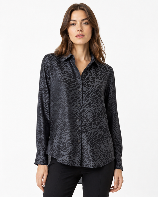 Equipment Charcoal Grey Animal Print Silk Blouse Size L