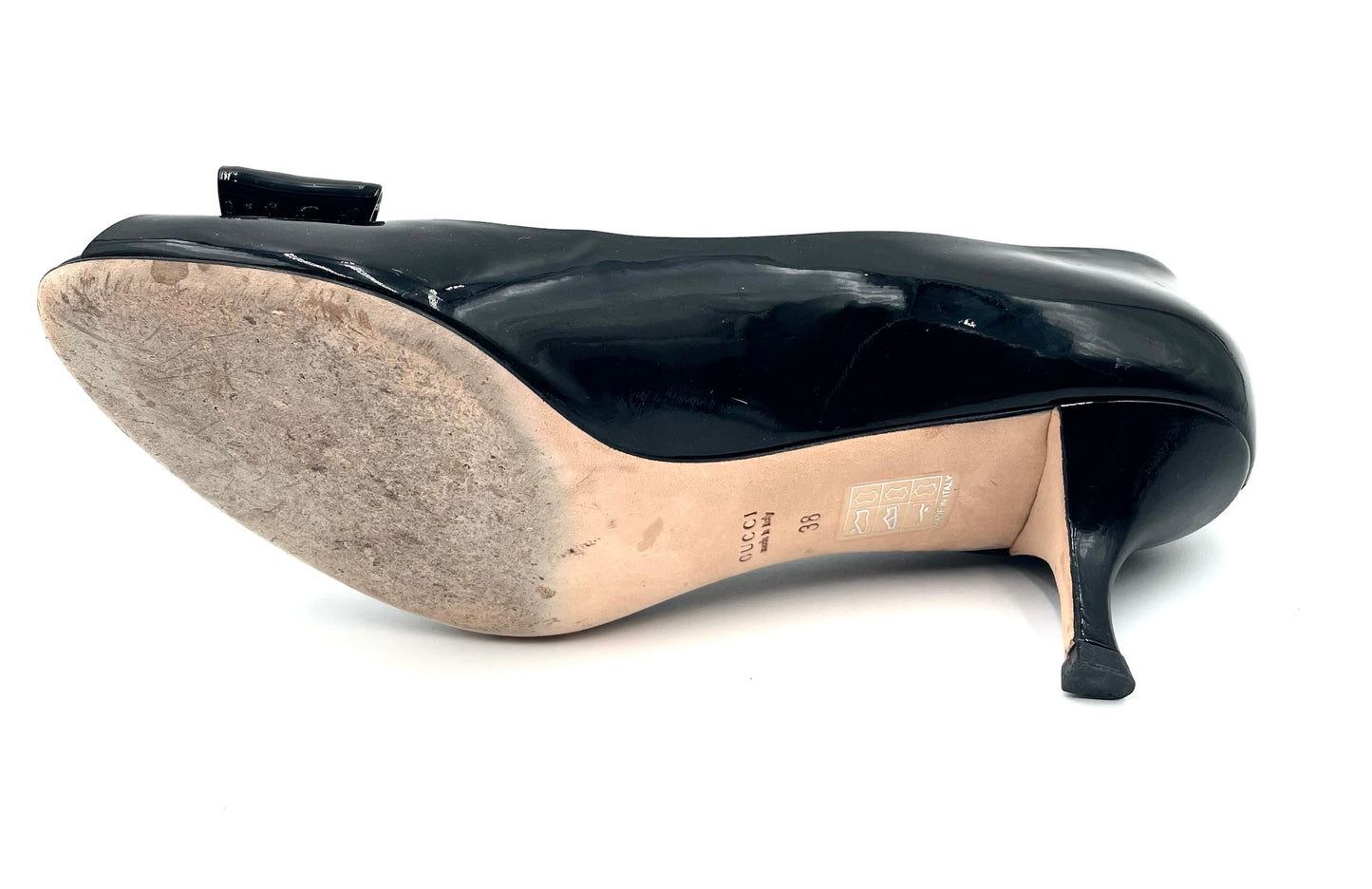 Gucci Black Patent Open Toe Kitten Heel Pump Size 38