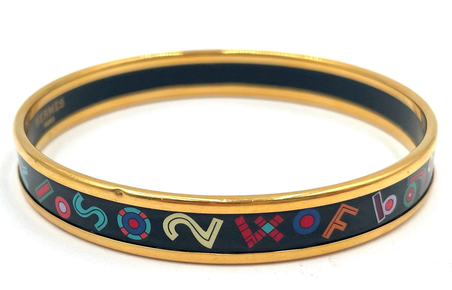 HERMES Black Multicolor Printed Enamel Tohu Bohu Narrow Bangle Bracelet