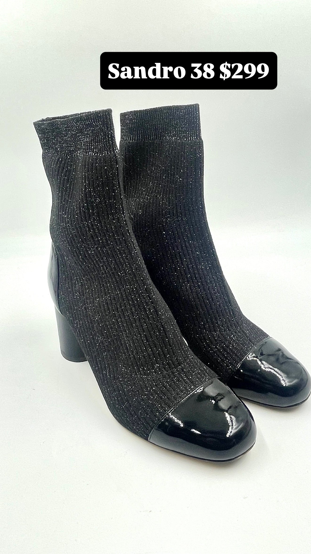 Sandro Captoe Glitter Black Sock Booties Size 39