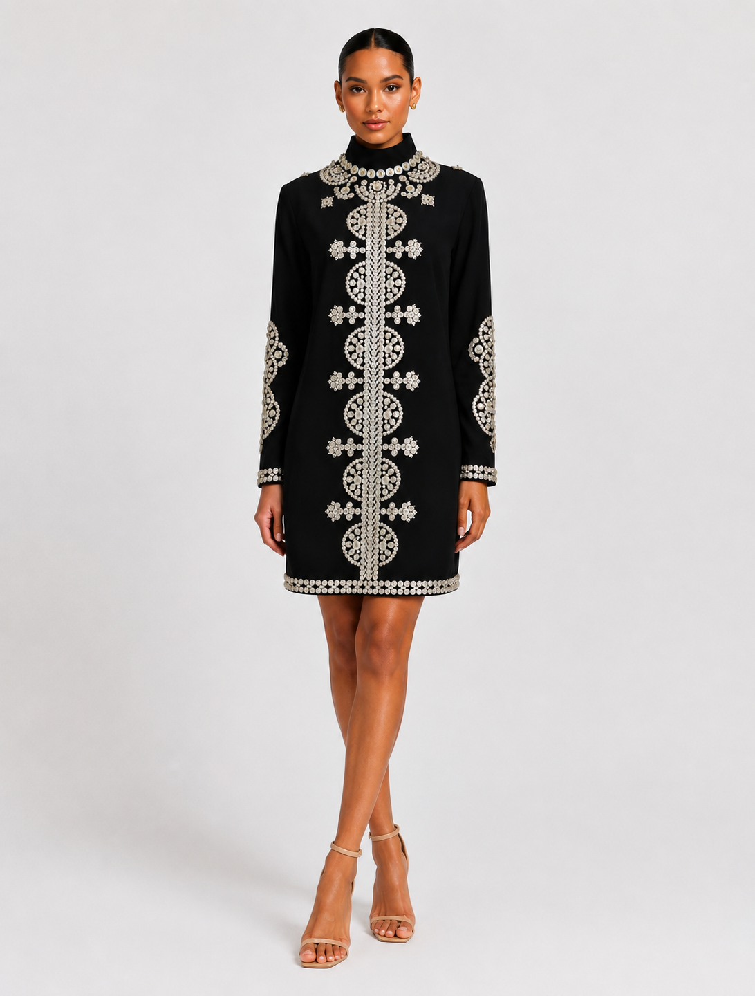 Tory Burch Black Sylvia Mini Long Sleeve Embellished Tunic Dress Size 12