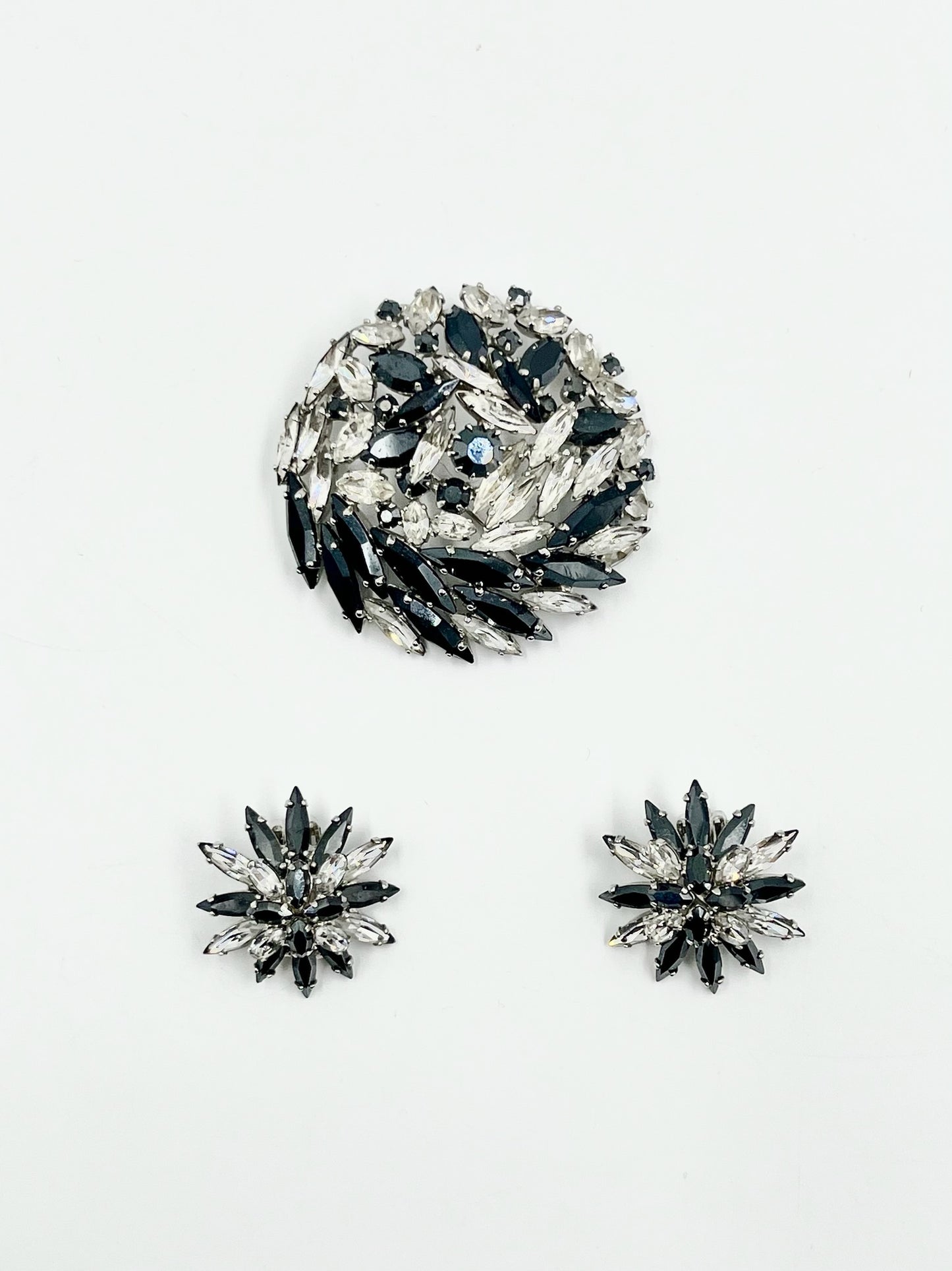 Vintage 1950s Sherman Black & Clear Marquise Swarovski Crystal Brooch & Clip Earrings Set