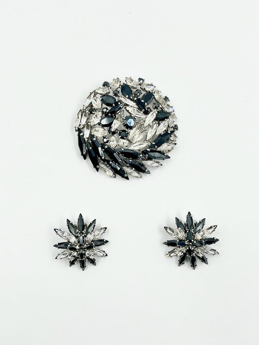 Vintage 1950s Sherman Black & Clear Marquise Swarovski Crystal Brooch & Clip Earrings Set