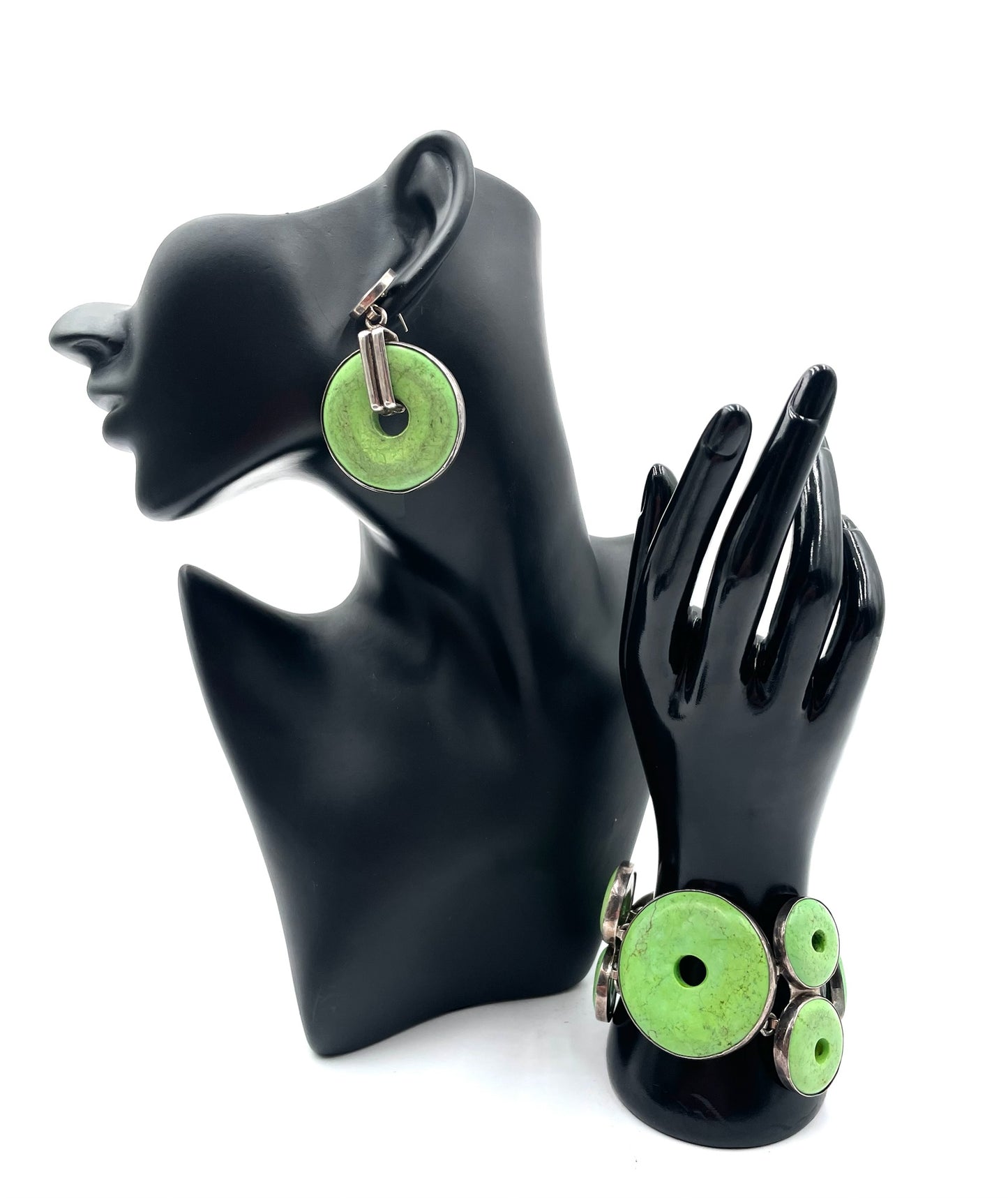 Charles Alberta Jade & Sterling Silver Chunky Bracelet & Earring Set