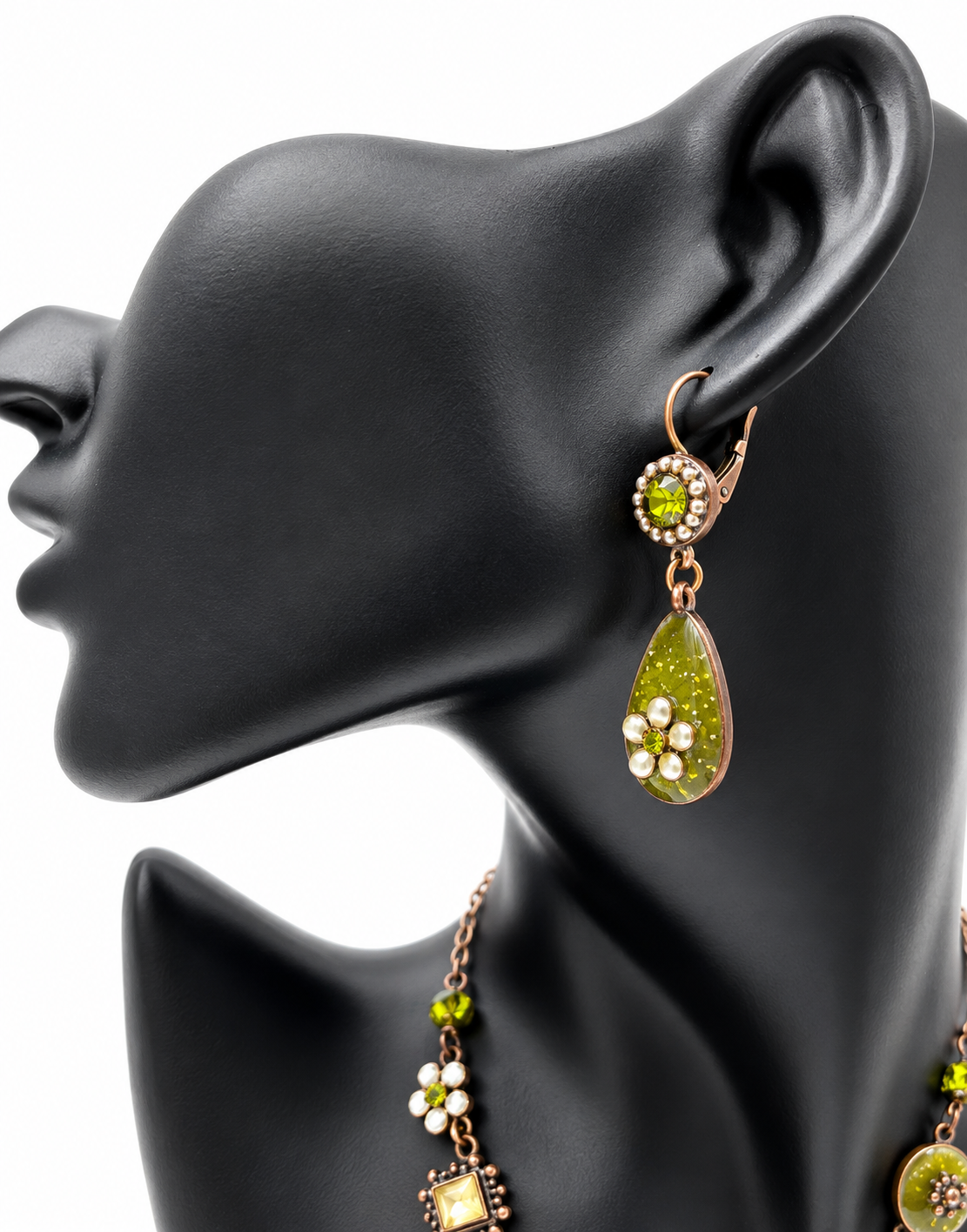 Vintage Olive Green Floral Necklace, Bracelet & Earrings Set