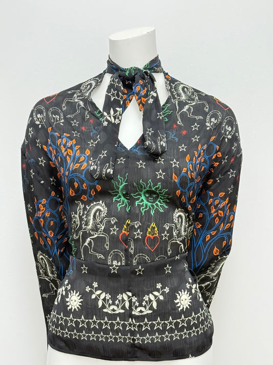 Sandro Black Floral Print Tie Blouse Size 3 ( US L)