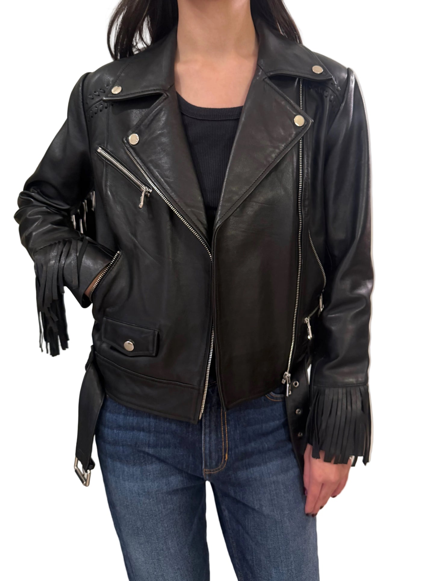 Malika Kate Black Moto Fringe Leather Jacket Size S