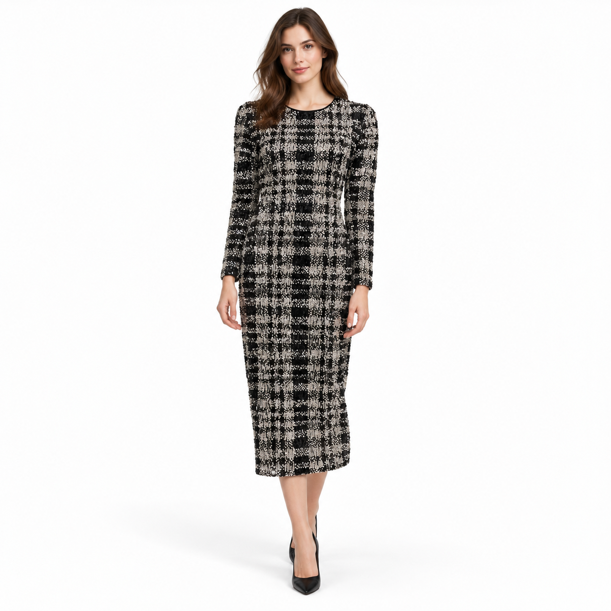 Le Superbe B/W Sequin Long Sleeve Midi Dress Size M