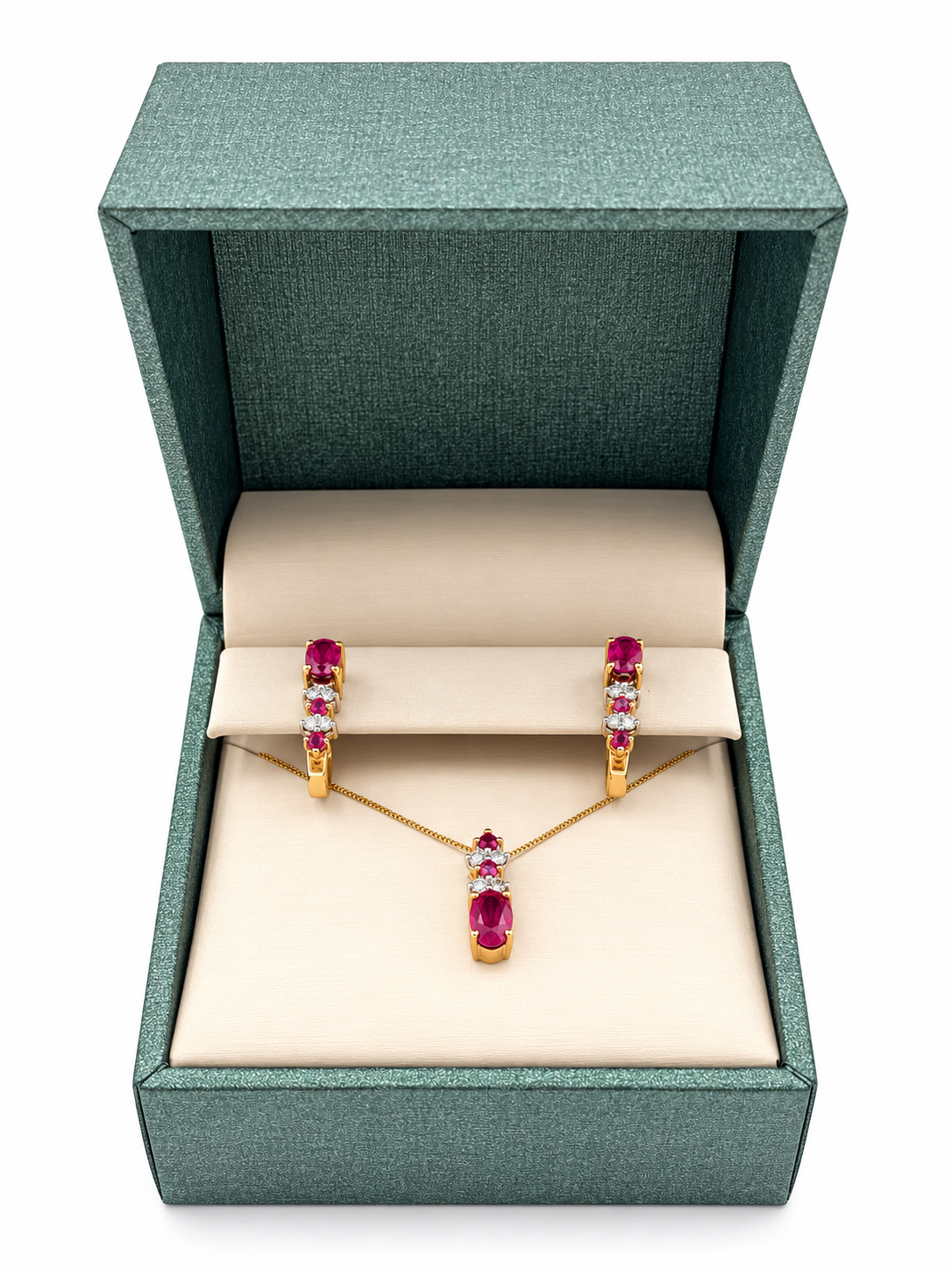 14K Gold, Diamond & Ruby Earrings & Necklace Set