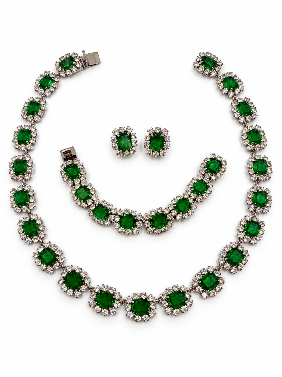 Rare Vintage 1973 Christian Dior Emerald Green & Glass Stone Necklace, Bracelet & Earring Set