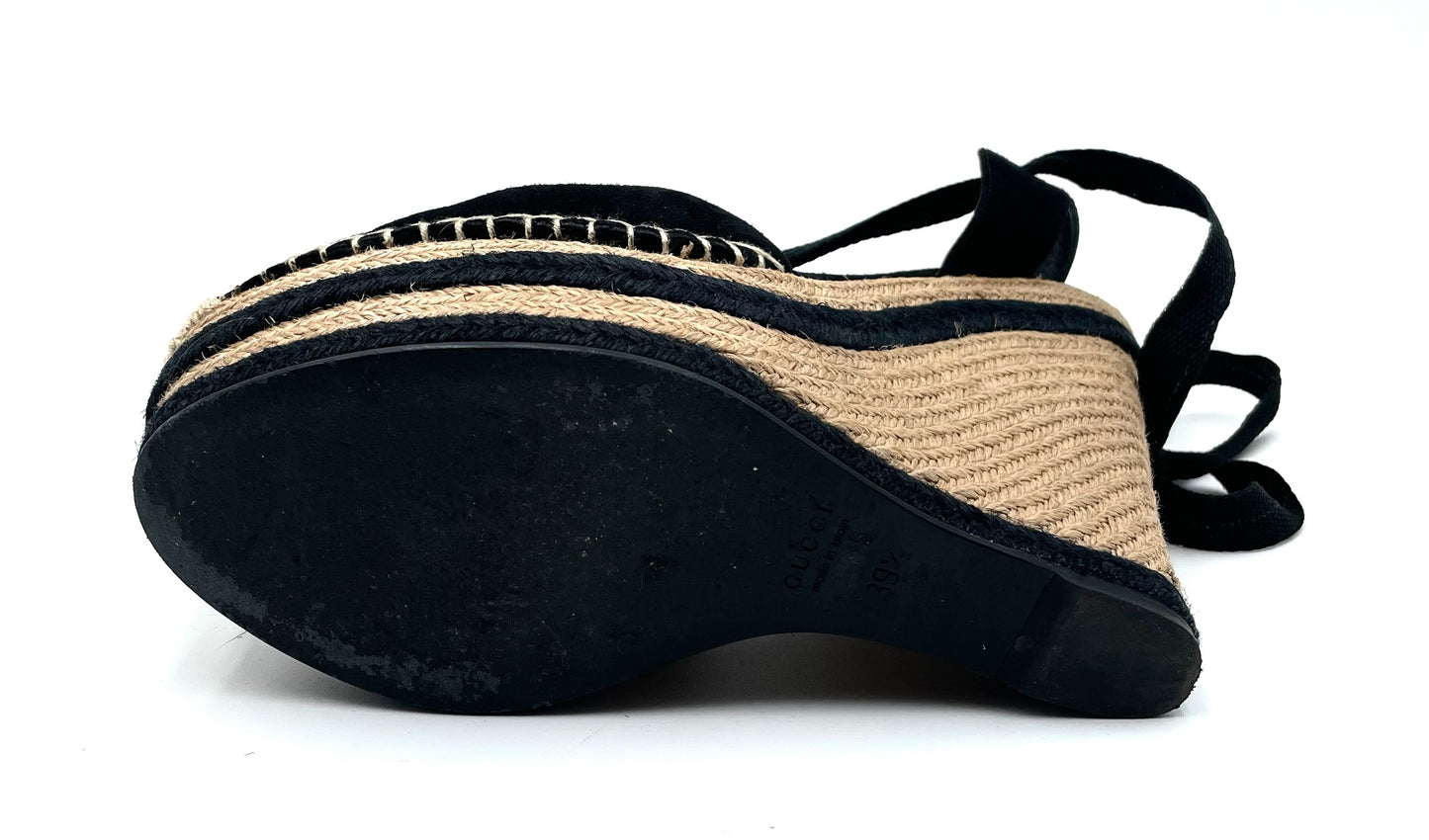 Gucci Black Suede Alexis Wrap Platform Wedge Sandals Size 39.5