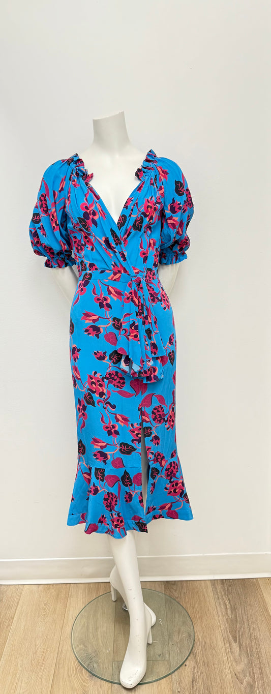 Saloni Blue Floral Silk Dress Size S