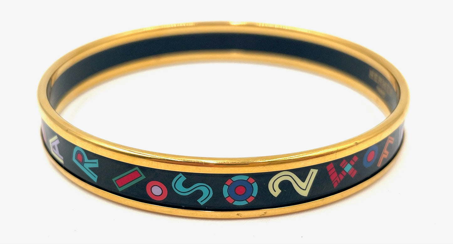 HERMES Black Multicolor Printed Enamel Tohu Bohu Narrow Bangle Bracelet
