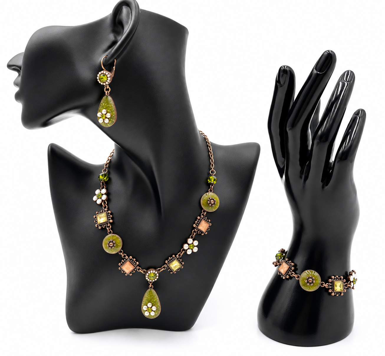 Vintage Olive Green Floral Necklace, Bracelet & Earrings Set