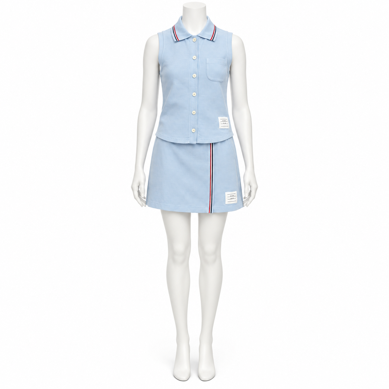 Thom Browne Light Blue Waffle Sleeve Polo Shirt & Skirt Set Size S