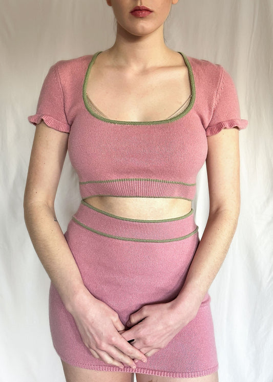 Danielle Guizio Pink Wool Knit Skirt & Crop Top Set Size S/M