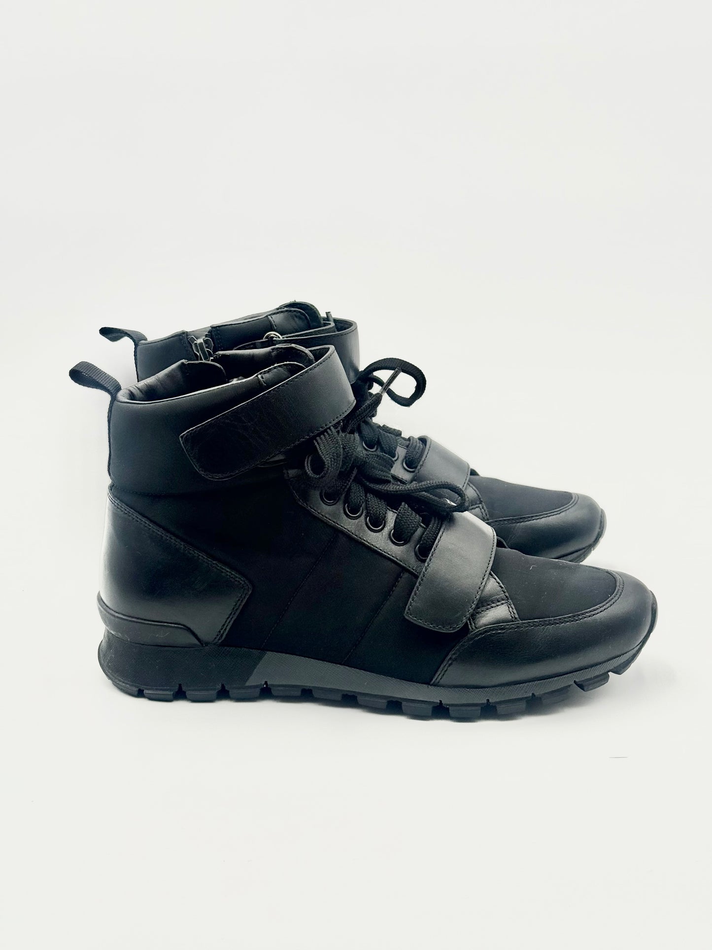 Prada Unisex Black Leather & Nylon Unisex Ankle Boots Size 6 M 8 Women