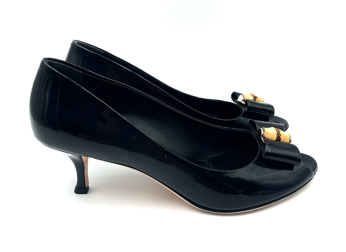 Gucci Black Patent Open Toe Kitten Heel Pump Size 38