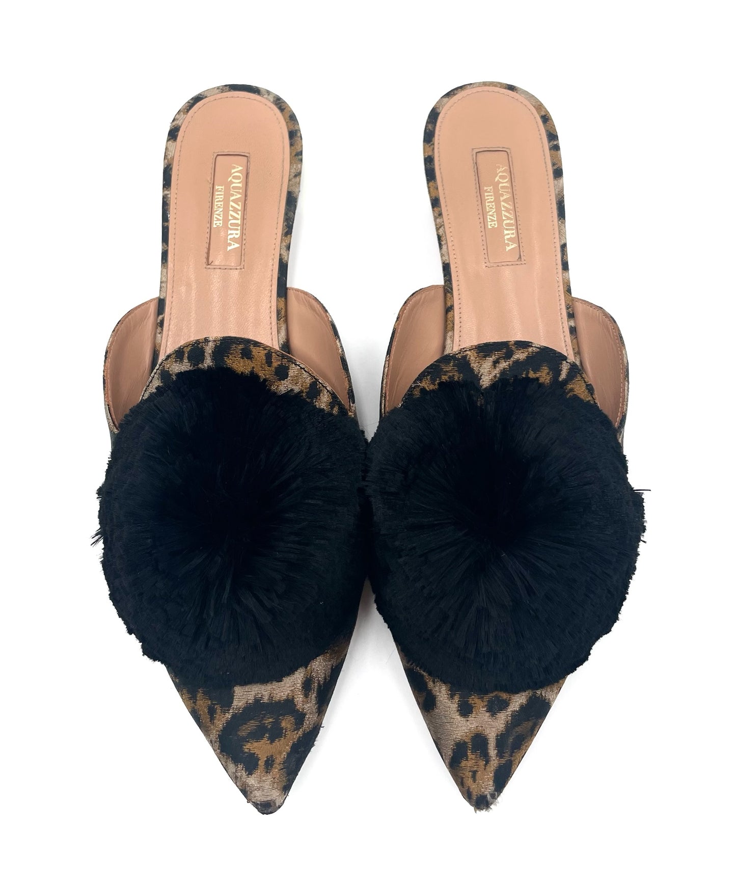 Aquazzura Pom Pom Leopard Print Slides Size 38