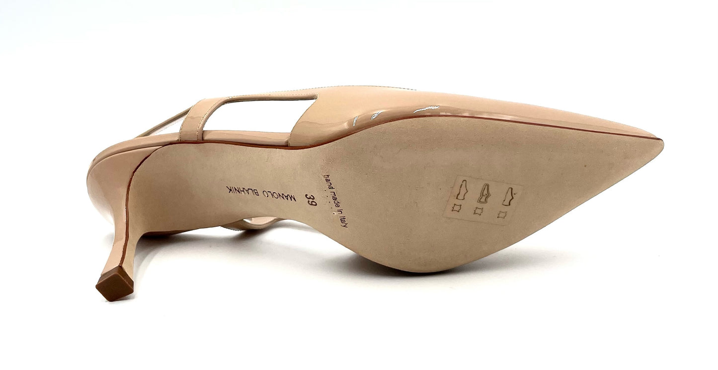 Brand New Manolo Blahnik Carolyne Nude Patent Leather Slingback Pumps Size 39