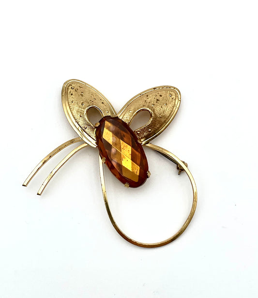 Vintage Gold-Tone Butterfly Brooch – Amber Rhinestone