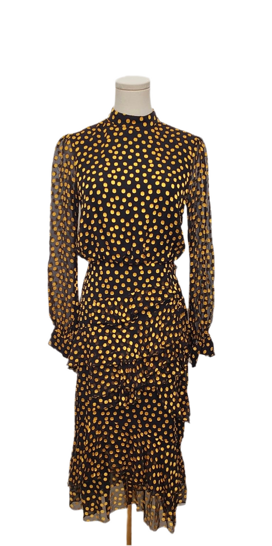 Saloni Yellow & Black Polka Dot Midi Dress Size 4