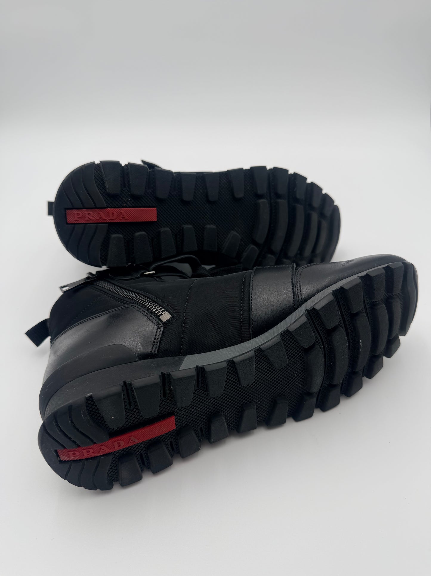 Prada Unisex Black Leather & Nylon Unisex Ankle Boots Size 6 M 8 Women