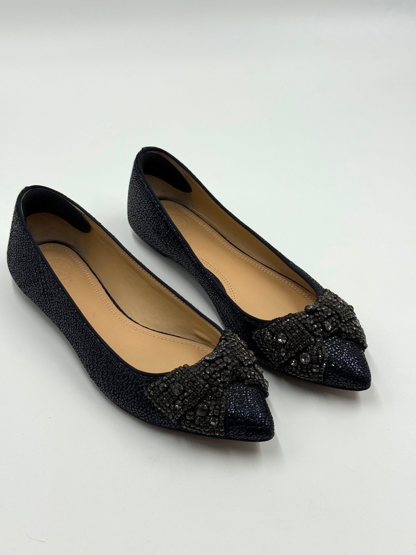 Tory Burch Vanessa Jeweled Navy Crystal Bow Pointed Toe Flats Size 7.5