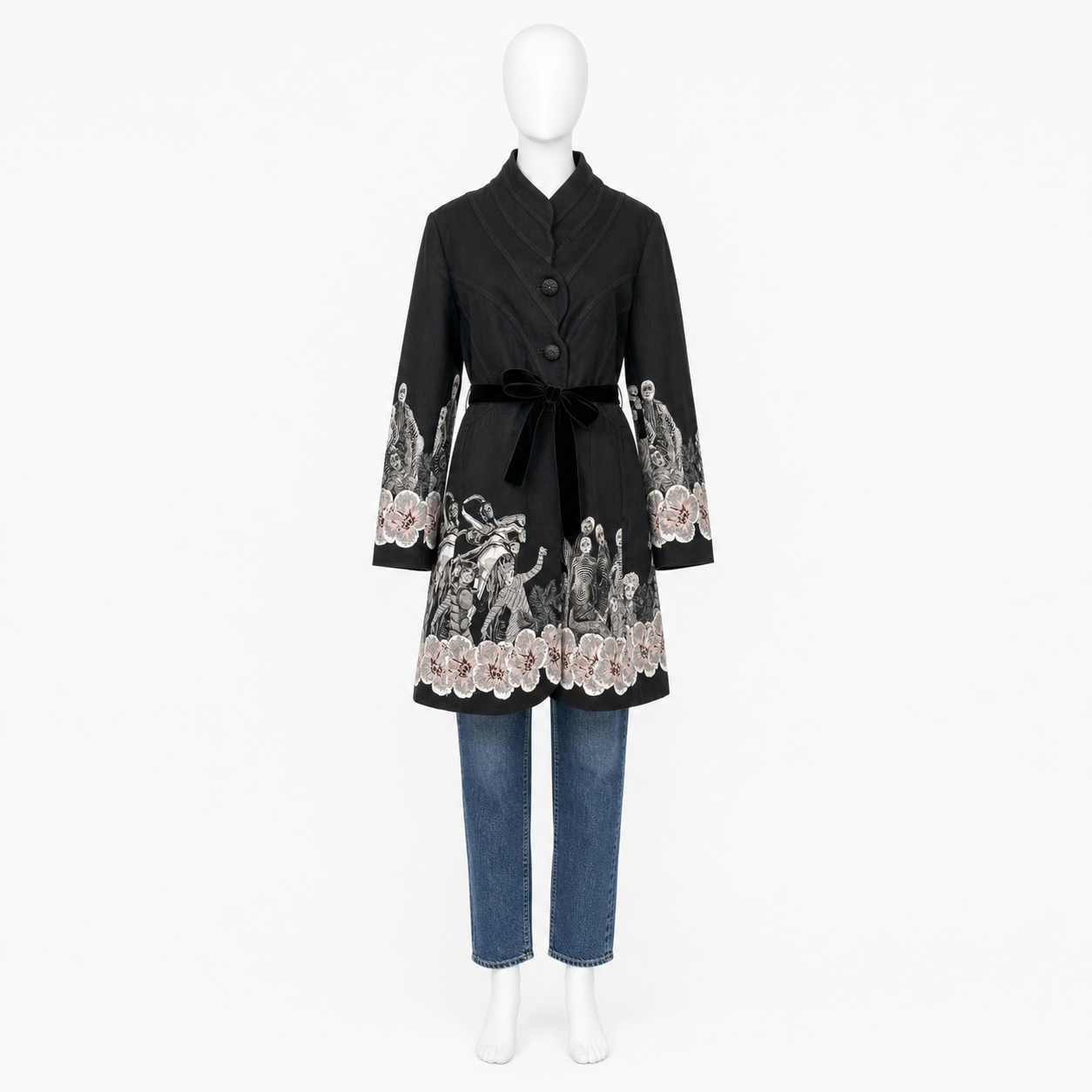Desigual Black Floral & Skeleton Embroided Belted Coat Size 46 US XXL