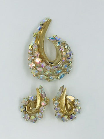Vintage 1960s Aurora Borealis Brooch & Clip Earring Set