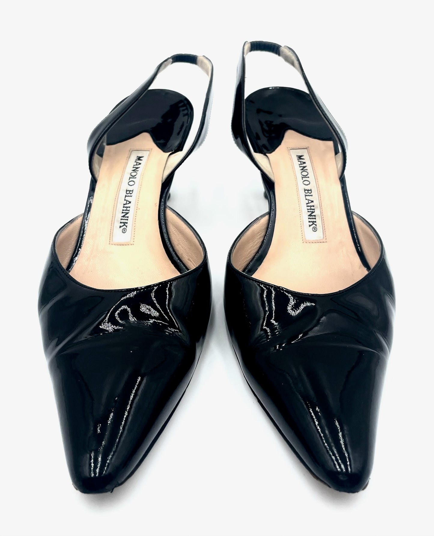 Manolo Blahnik Carolyn Black Patent Slingback Heels Size 38