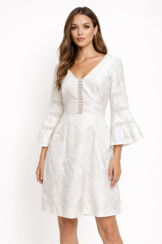 Bagdley Mischka White Brocade Bell Sleeve Dress Size 6