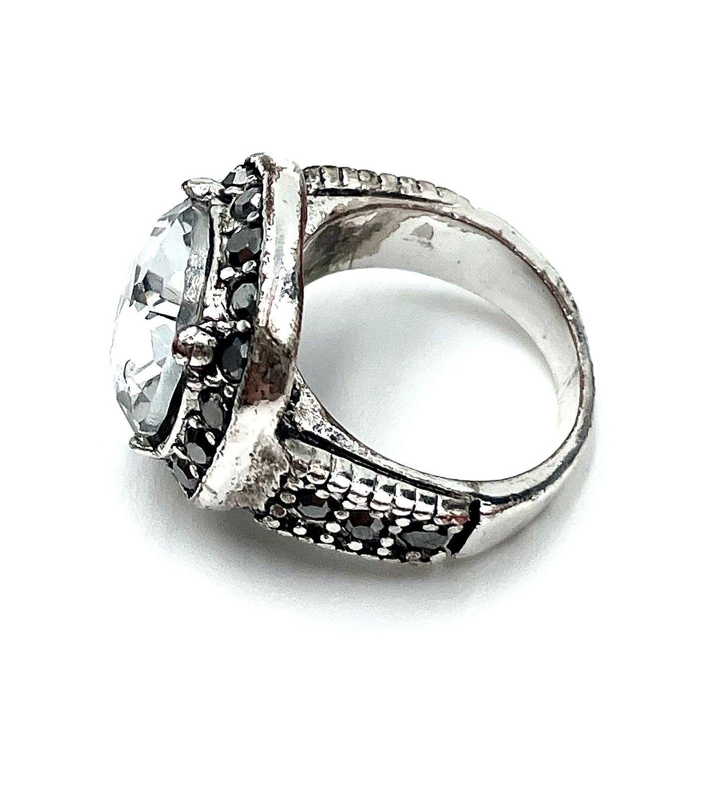 Oversized Clear Crystal Silver-Tone Cocktail Ring Size 6.5