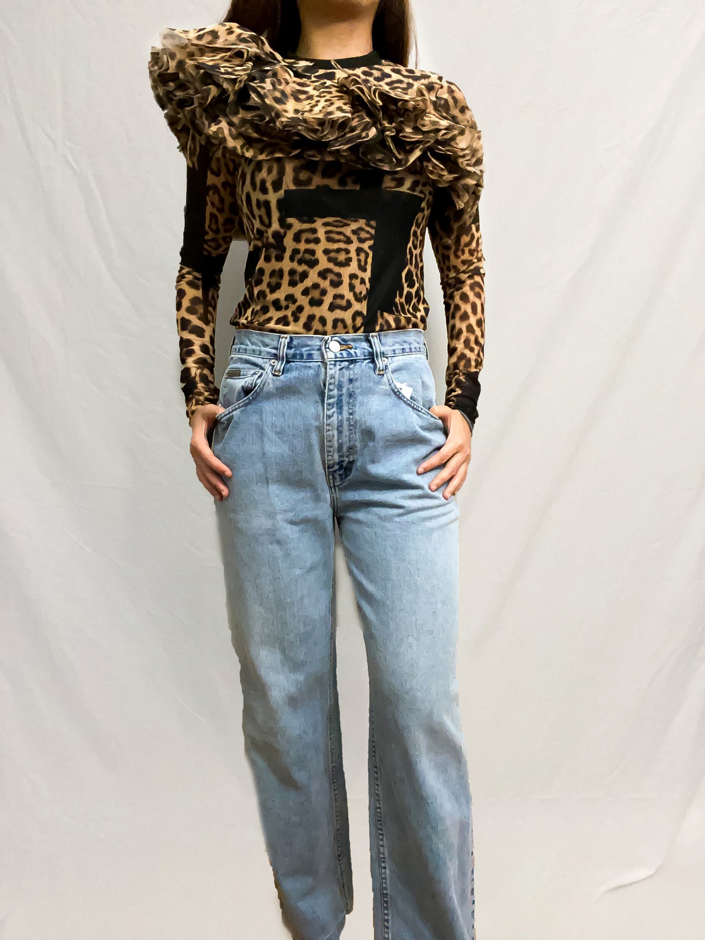 H&M Studio S/S 2022 Long Sleeve Leopard Ruffle Mesh Blouse Size S