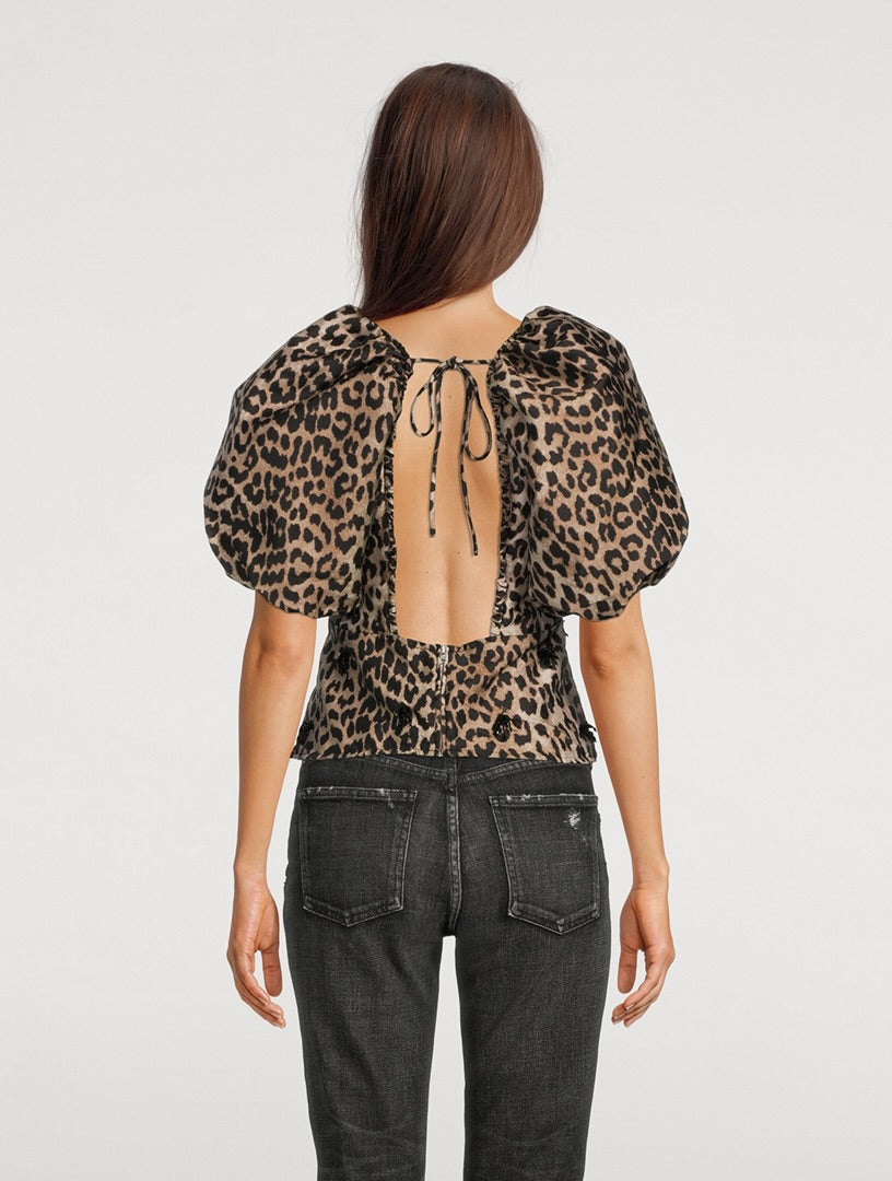 Brand New Ganni Leopard Jacquard Open Back Blouse Size 10