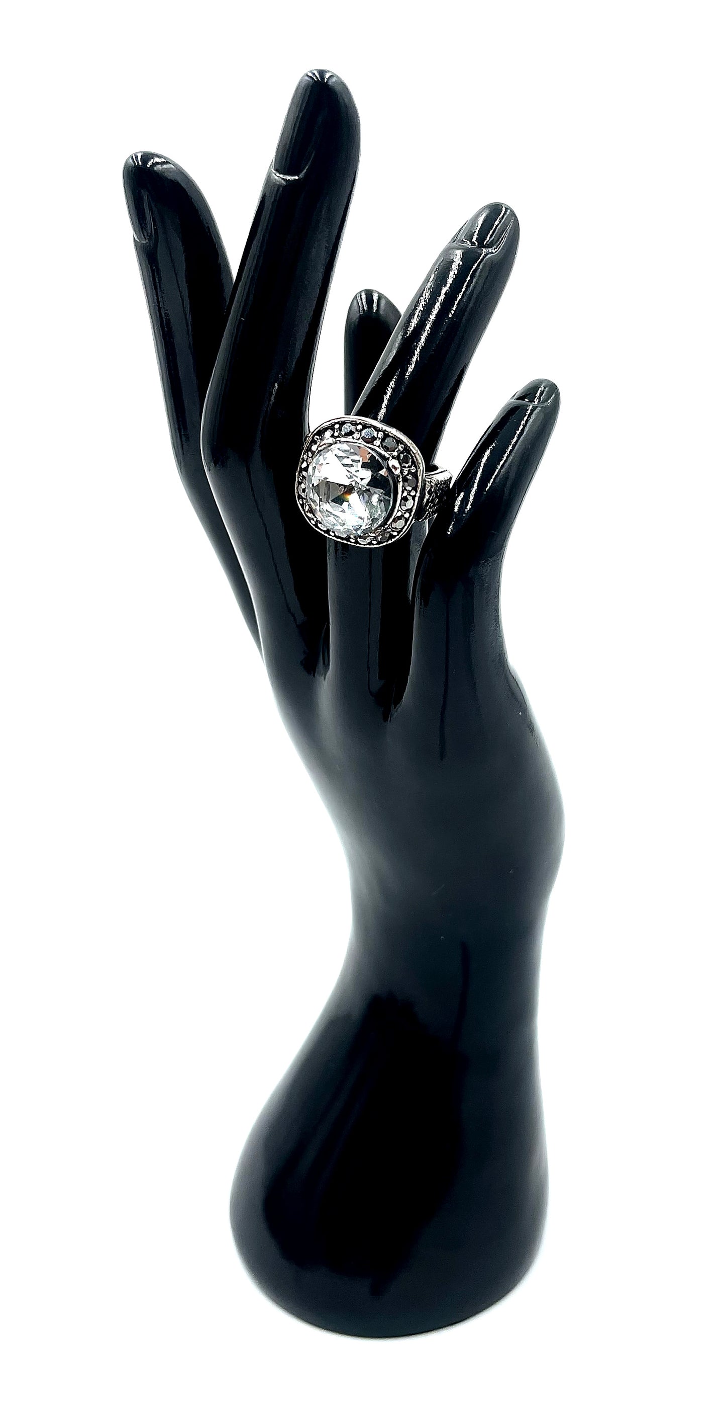 Oversized Clear Crystal Silver-Tone Cocktail Ring Size 6.5
