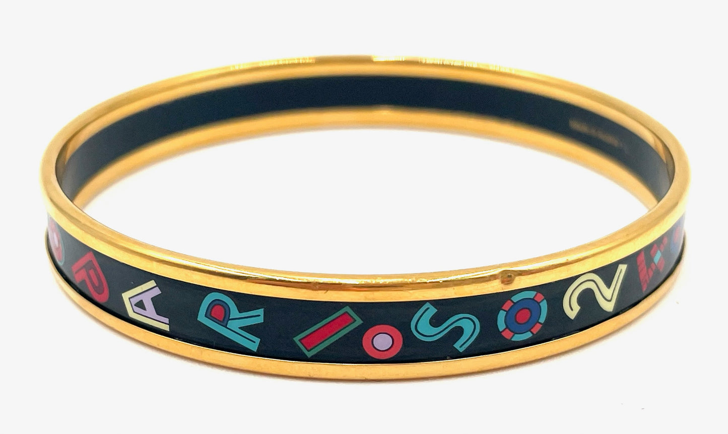 HERMES Black Multicolor Printed Enamel Tohu Bohu Narrow Bangle Bracelet