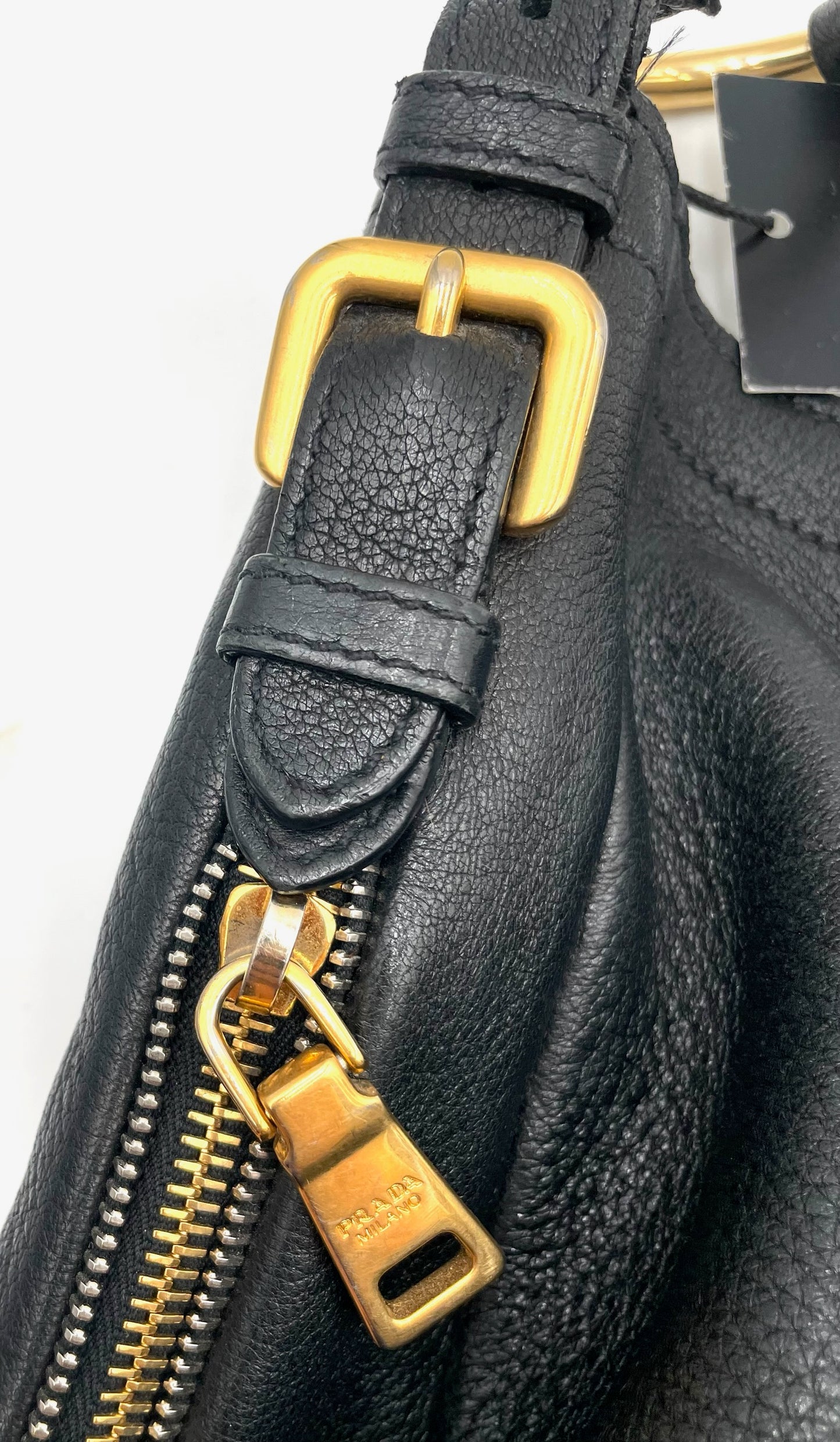 Prada Black Leather Vitello Daino Zip Hobo Bag