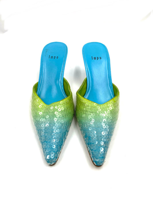 Impo Blue & Green Ombre Sequin Pointed Kitten Heel Mule Size 8M