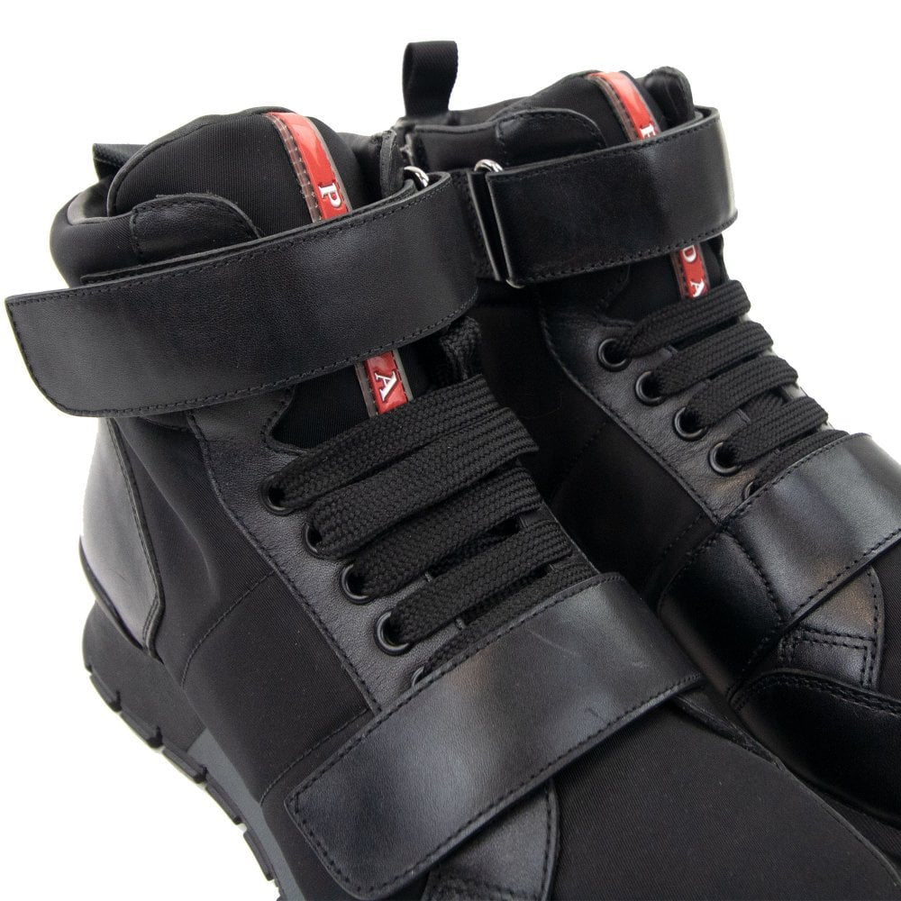 Prada Unisex Black Leather & Nylon Unisex Ankle Boots Size 6 M 8 Women