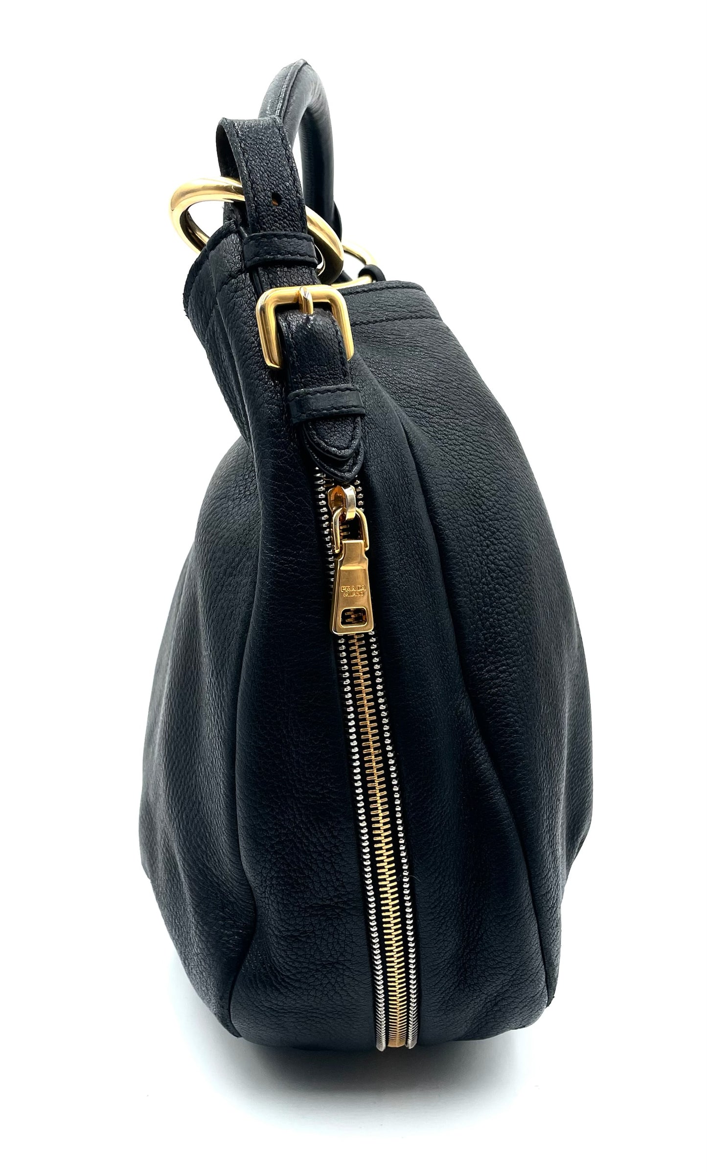 Prada Black Leather Vitello Daino Zip Hobo Bag