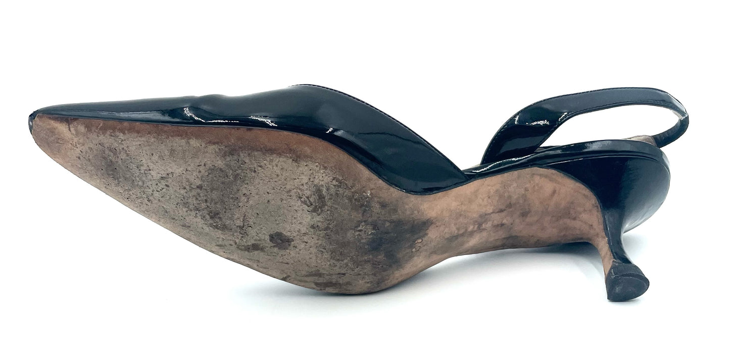 Manolo Blahnik Carolyn Black Patent Slingback Heels Size 38