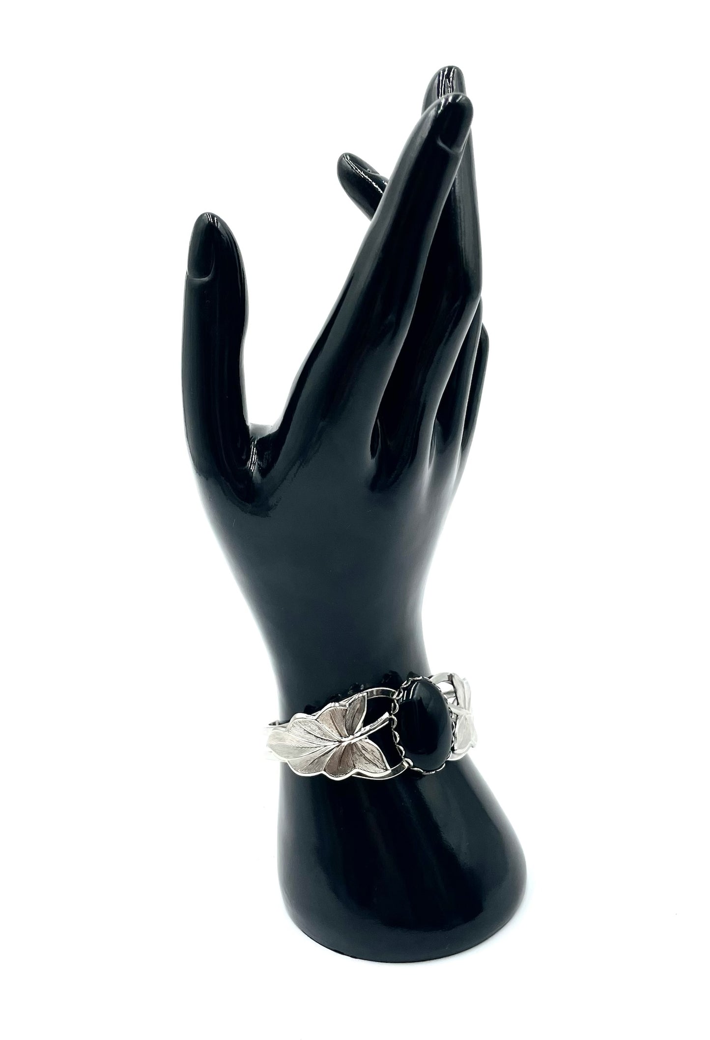 Vintage Silver-Tone Leaf & Black Oval Statement Bracelet